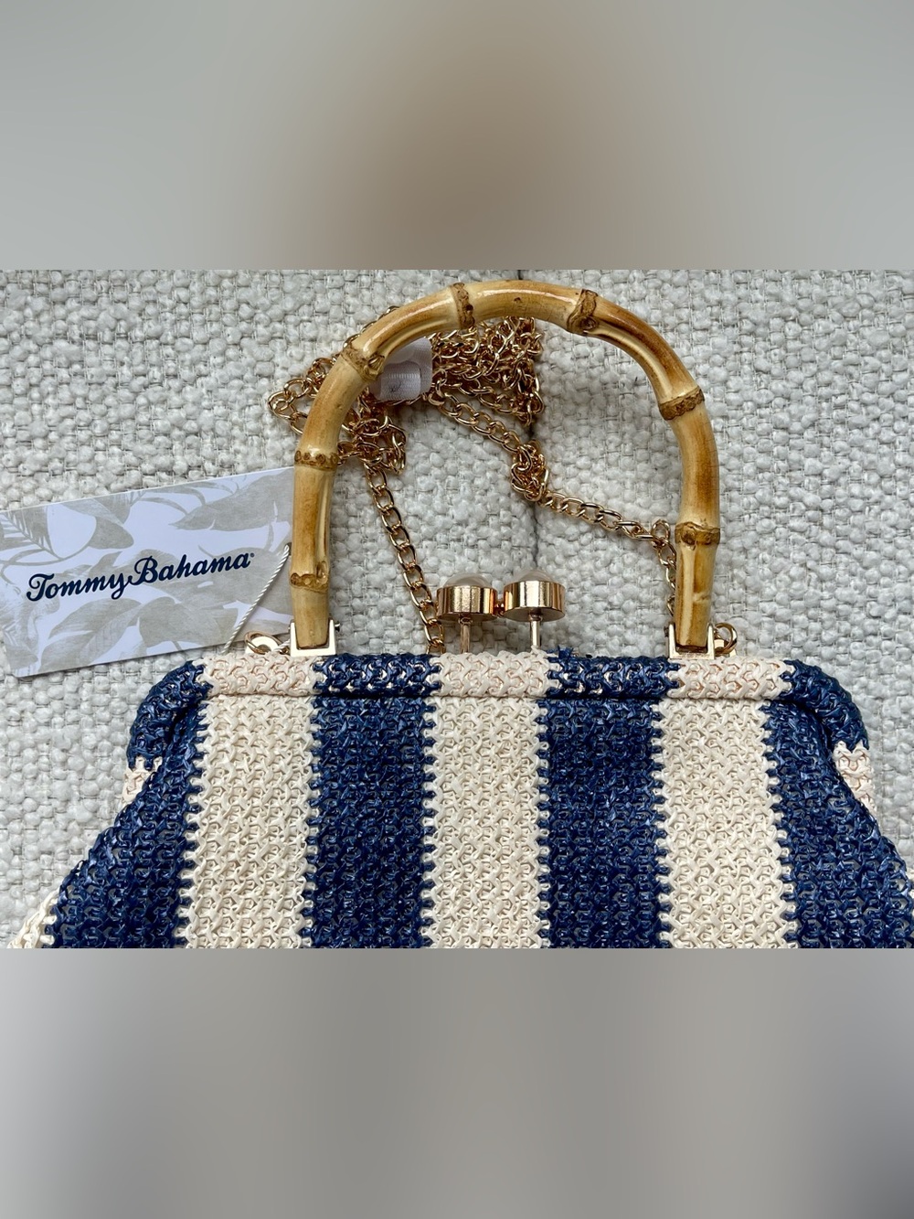 Tommy Bahama Straw Framed Bag Blue/Cream with Bamboo Handle  Gold KISS Lock - Picture 3 of 14